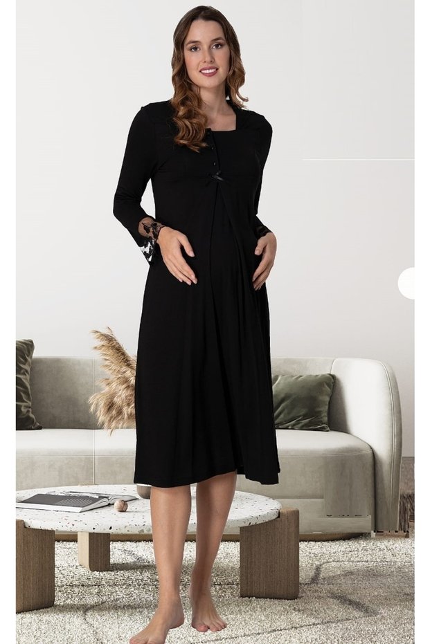 Women's Black Pregnant Maternity Long Sleeve Nightgown Effortt