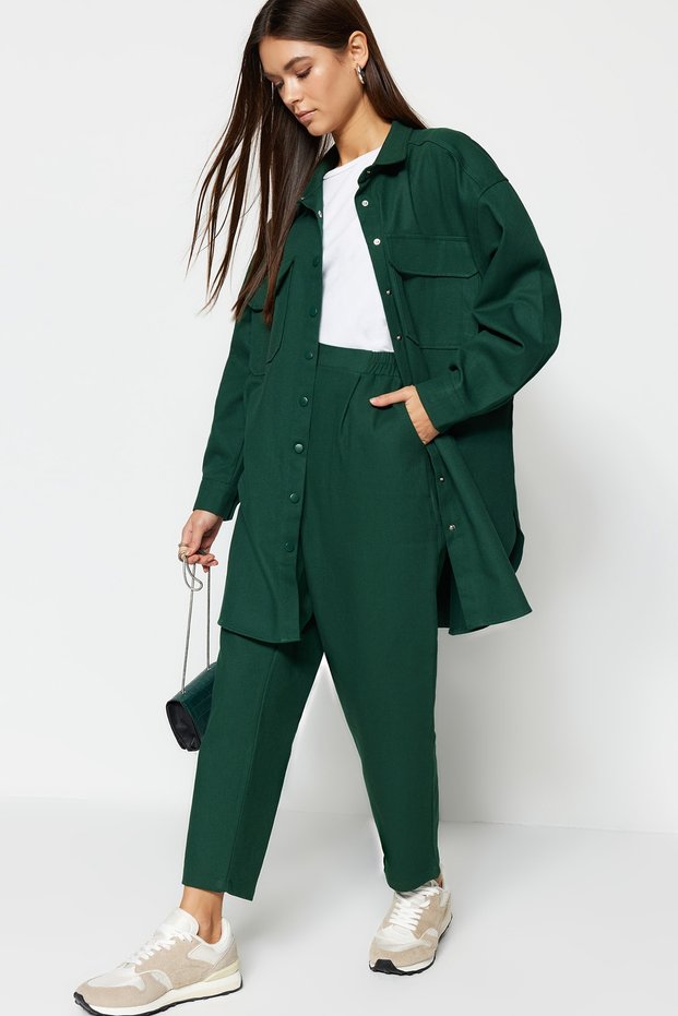 Dark Green Pocket Detail Snap Closure Shirt-Pants Woven Set TCTAW22US0013