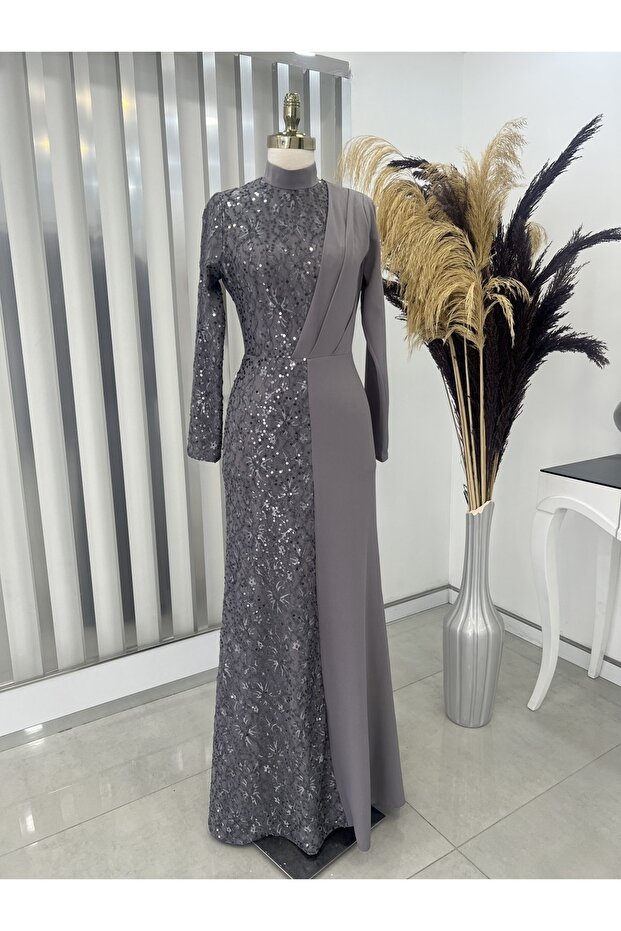 Sequined Azalea Hijab Evening Dress Gray