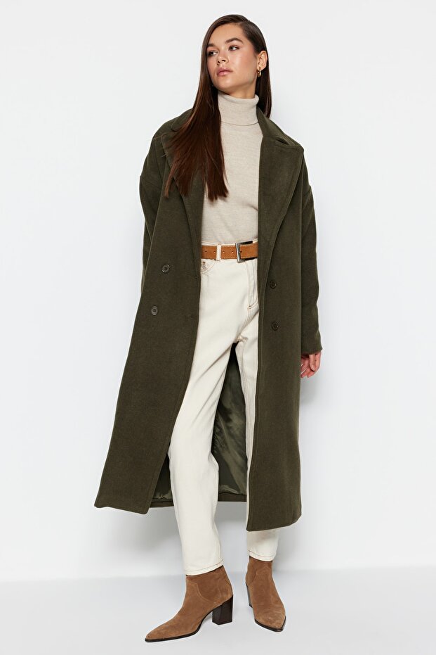 Khaki Oversize Wide Cut Long Wool Cashmere Coat TWOAW21KB0038 - 4