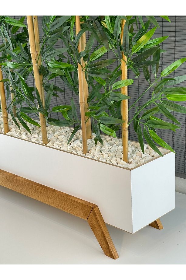 Ahşap 1 Mt Saksılı 10 Gövde Modern Ayaklı Dikdörtgen Yapay Yapraklı Dekoratif Bambu Seperatör 180 Cm - 2