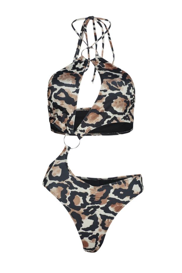 Leopar Desenli Aksesuarlı Halter Yaka Kaplı Brazilian Mayokini TBESS23MA00068 - 4