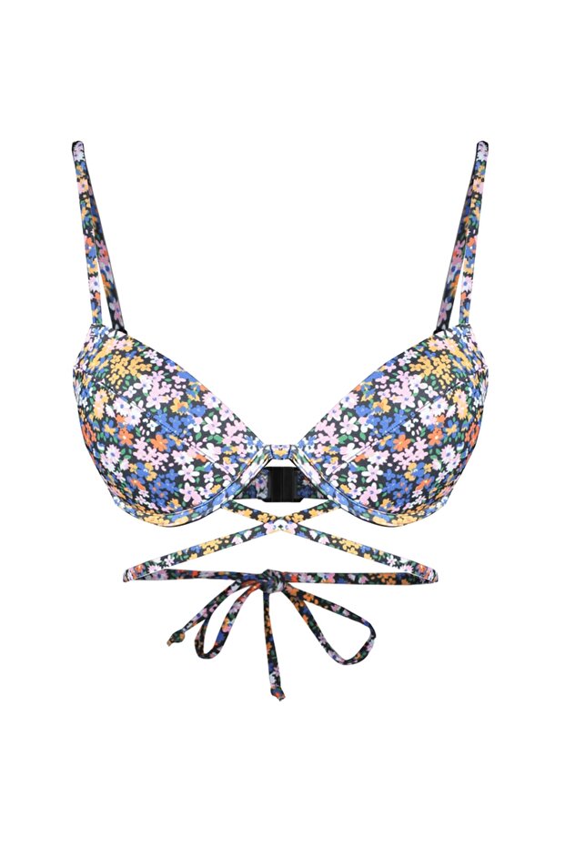 Çiçek Desenli Bağlamalı Balconette Push Uplı Bikini Üstü TBESS23BU00159 - 7