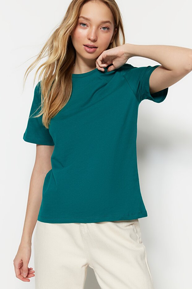 Zümrüt Yeşili %100 Pamuk Basic Bisiklet Yaka Örme T-Shirt TWOSS23TS00000 - 1