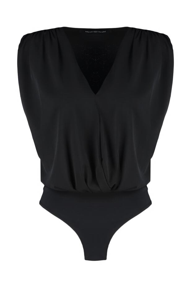Siyah Vatkalı Kruvaze Yaka Esnek Çıtçıtlı Örme Body TWOSS23BD00007 - 6