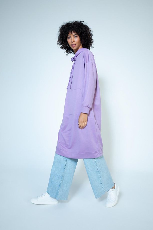 Oversize Fit Kapüşonlu Kanguru Cepli Sweatshirt Tunik - 2