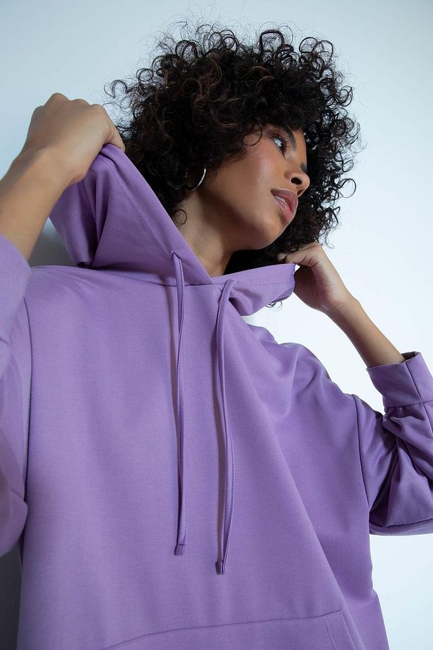Oversize Fit Kapüşonlu Kanguru Cepli Sweatshirt Tunik - 4