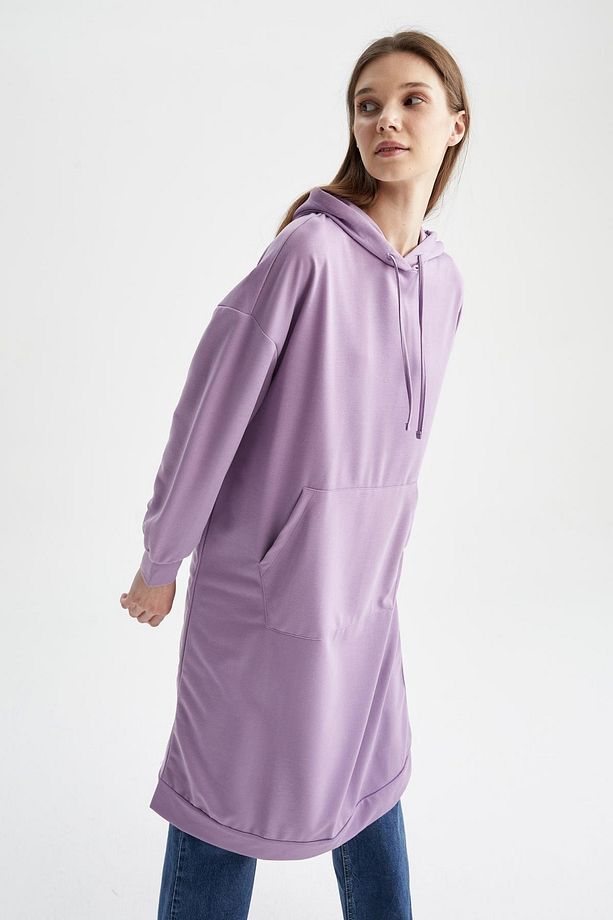 Oversize Fit Kapüşonlu Kanguru Cepli Sweatshirt Tunik - 5