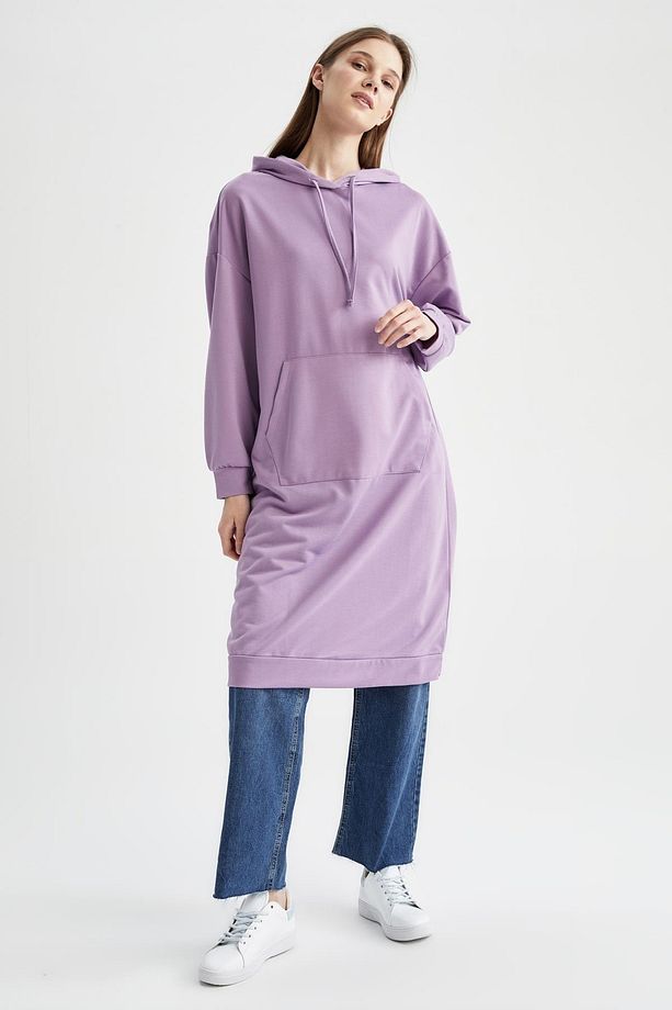 Oversize Fit Kapüşonlu Kanguru Cepli Sweatshirt Tunik - 6