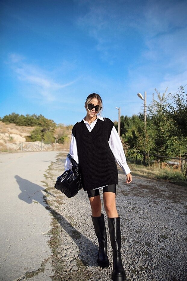 V Yaka Süveter Siyah - 1