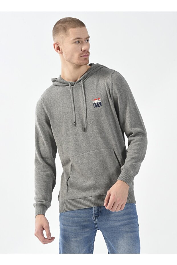 Hooded Collar Gray Melange Men's Sweater Herman