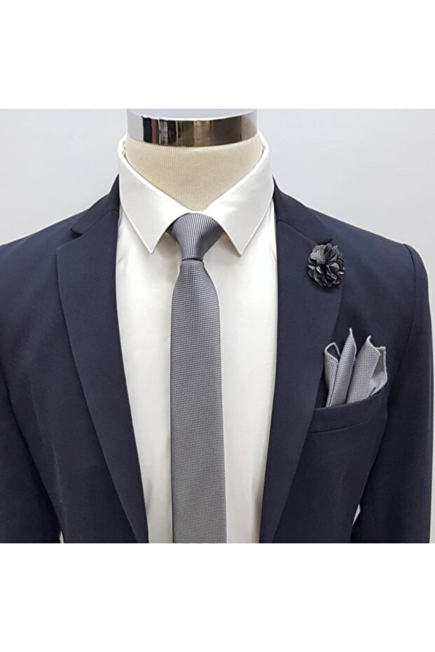 Gri Kravat Mendil Yaka Çiçeği Set Kmd-5 - 1