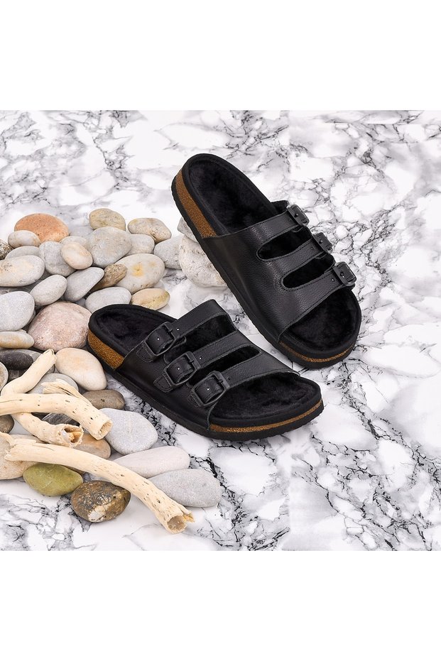 Genuine Leather Black Furry Slippers
