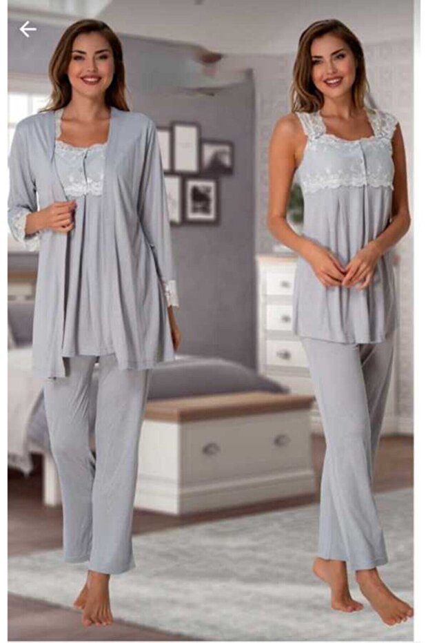 Effort Gray Lace Detailed Maternity Maternity Pajamas Set with Dressing Gown