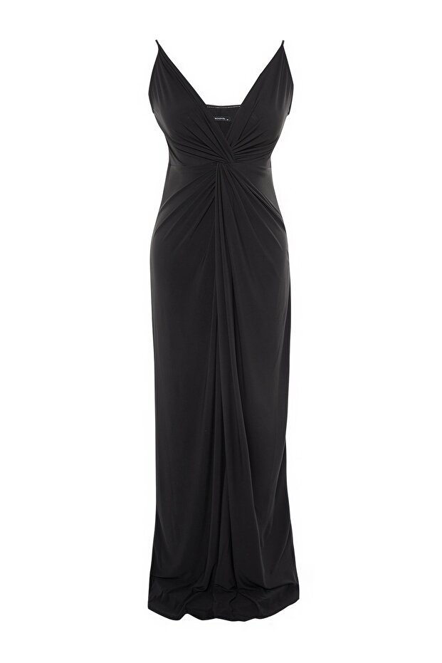 Long Black Knitted Evening Dress - Drape Detailed TBBSS22AD00000 - 5