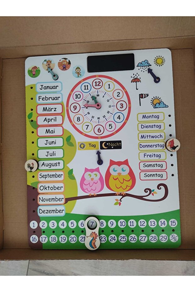 Montessori German Wooden Clock Educational Calendar Days, Months, Seasons, Weather, Numerals