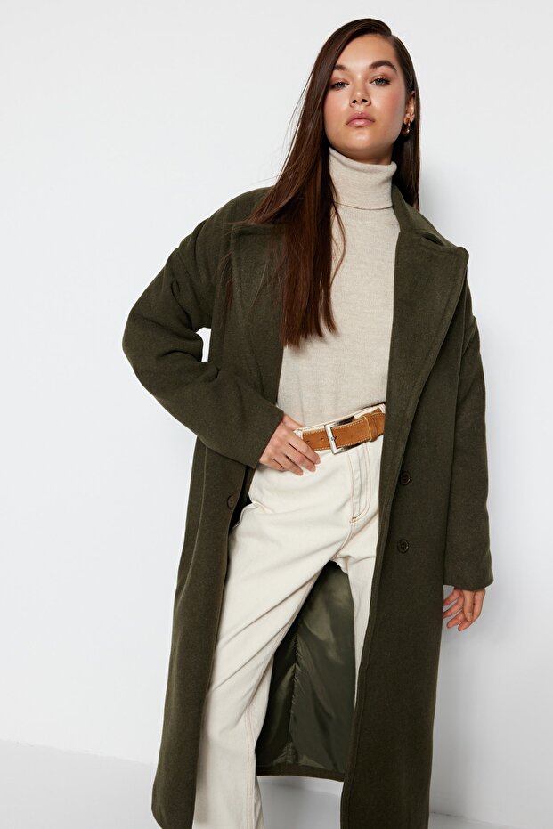 Khaki Oversize Wide Cut Long Wool Cashmere Coat TWOAW21KB0038 - 5