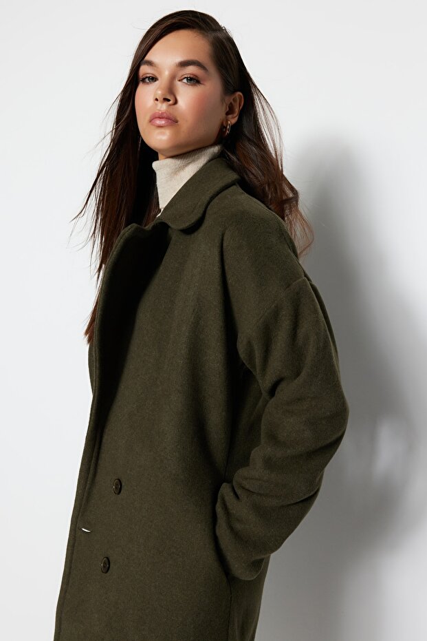 Khaki Oversize Wide Cut Long Wool Cashmere Coat TWOAW21KB0038 - 6