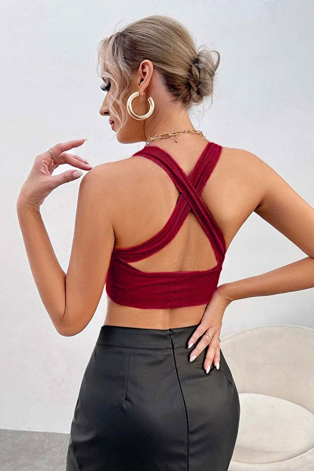 Kadın Bordo Çapraz Sırt Detaylı Şık Crop Top Bluz - 2