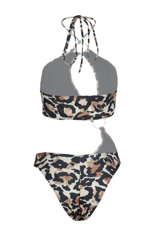 Leopar Desenli Aksesuarlı Halter Yaka Kaplı Brazilian Mayokini TBESS23MA00068 - 5