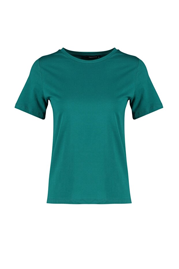 Zümrüt Yeşili %100 Pamuk Basic Bisiklet Yaka Örme T-Shirt TWOSS23TS00000 - 6