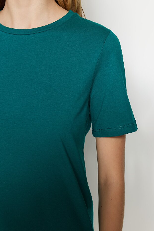 Zümrüt Yeşili %100 Pamuk Basic Bisiklet Yaka Örme T-Shirt TWOSS23TS00000 - 4