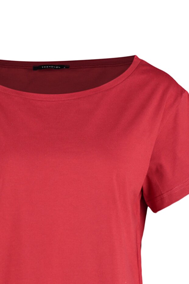 Kırmızı %100 Pamuk Oversize/Geniş Kalıp Kayık Yaka Örme T-Shirt TWOSS20TS0140 - 7