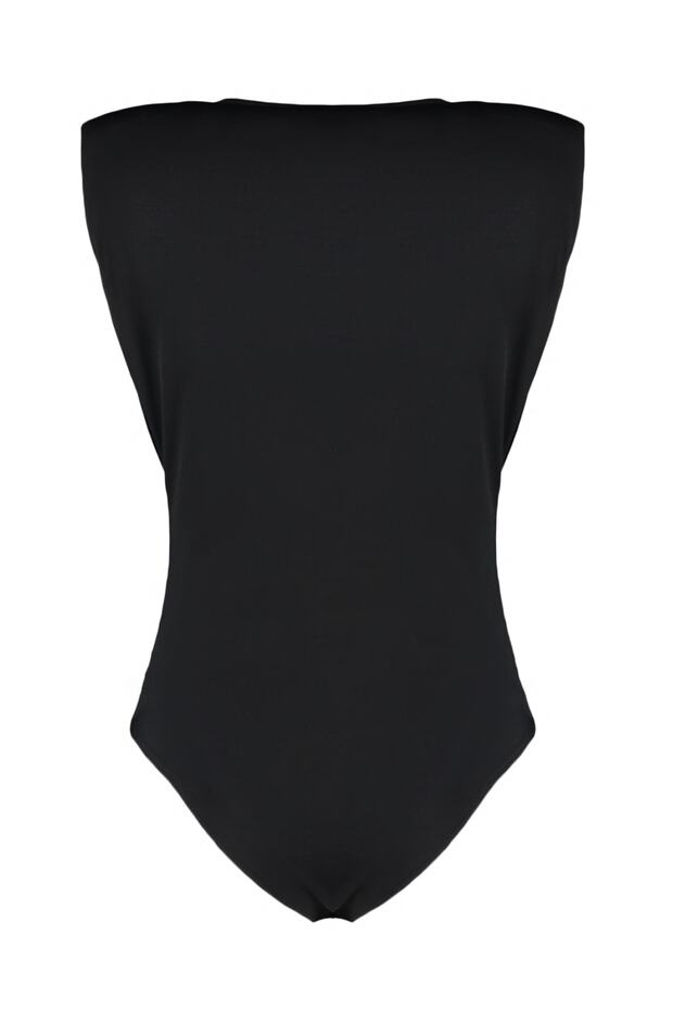 Siyah Vatkalı Kruvaze Yaka Esnek Çıtçıtlı Örme Body TWOSS23BD00007 - 8