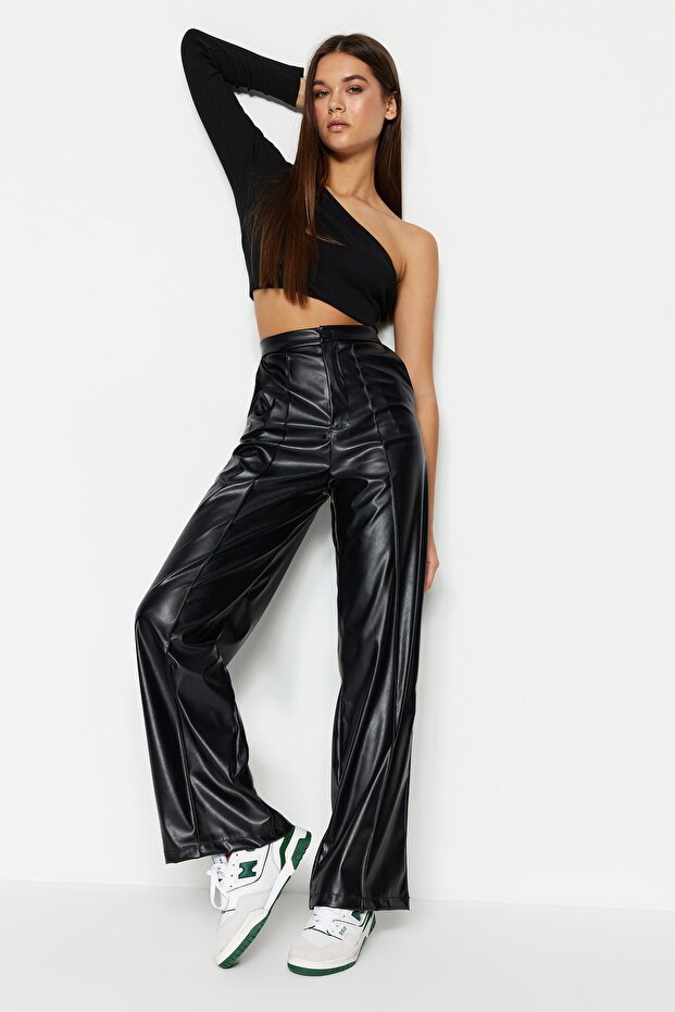 Siyah Suni Deri Wide Leg/Geniş Paça Nervürlü Yüksek Bel Pantolon TWOSS23PL00131 - 2
