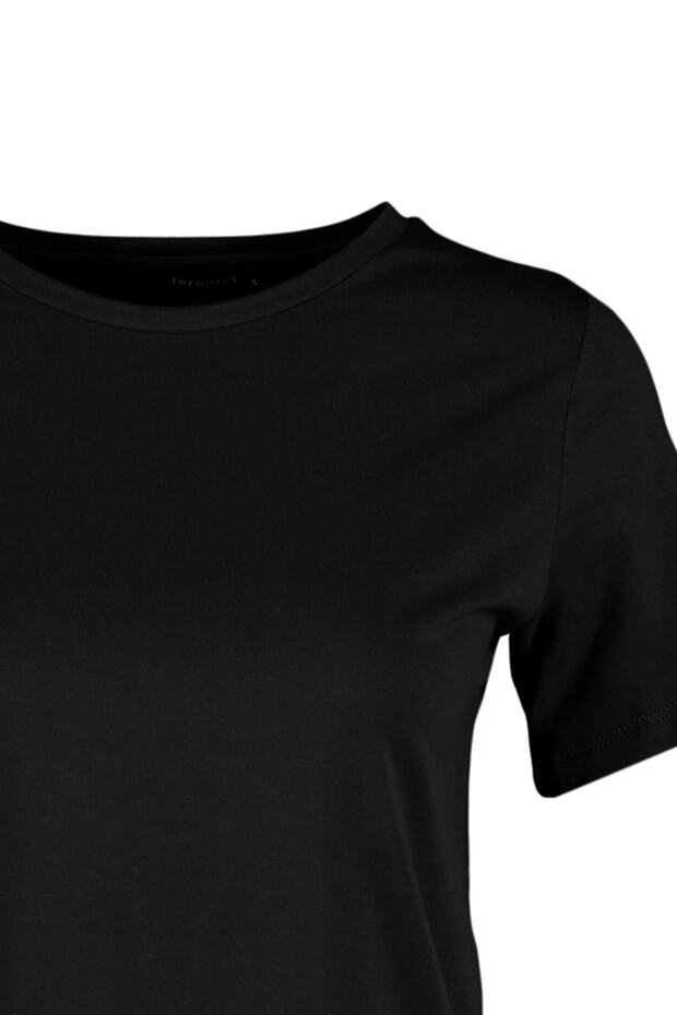 Siyah %100 Pamuk Basic Bisiklet Yaka Örme T-Shirt TWOSS23TS00000 - 11