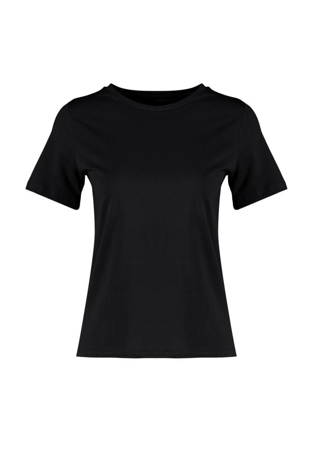 Siyah %100 Pamuk Basic Bisiklet Yaka Örme T-Shirt TWOSS23TS00000 - 10