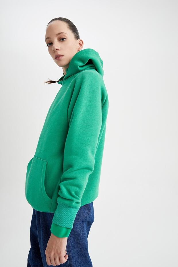 Kapüşonlu Kanguru Cepli Basic Reglan Sweatshirt - 1