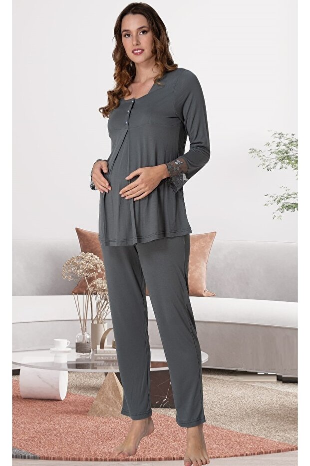 Women's Gray Long Sleeve Maternity Pajama Set Effortt