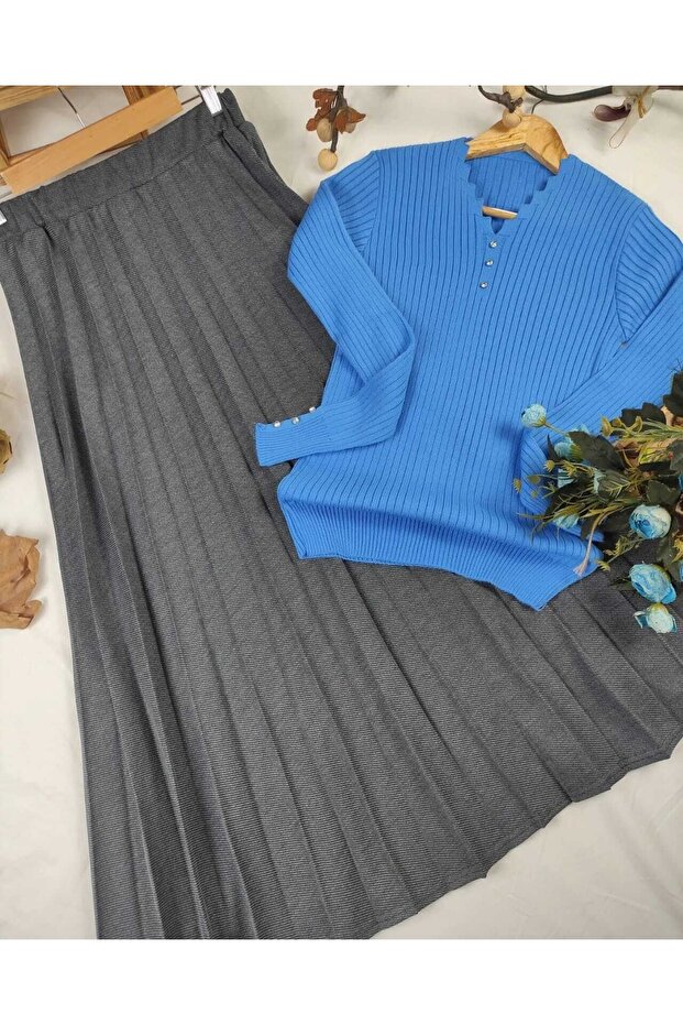 Pamuk Diyagonal Kumaş Pliseli Etek - 1