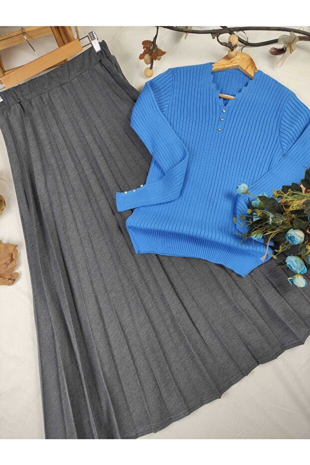 Pamuk Diyagonal Kumaş Pliseli Etek - 2