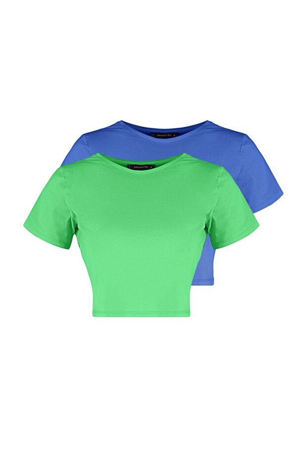 Mavi-Yeşil 2'li Paket %100 Pamuk Crop Bisiklet Yaka Örme T-Shirt TWOSS20TS1480 - 5