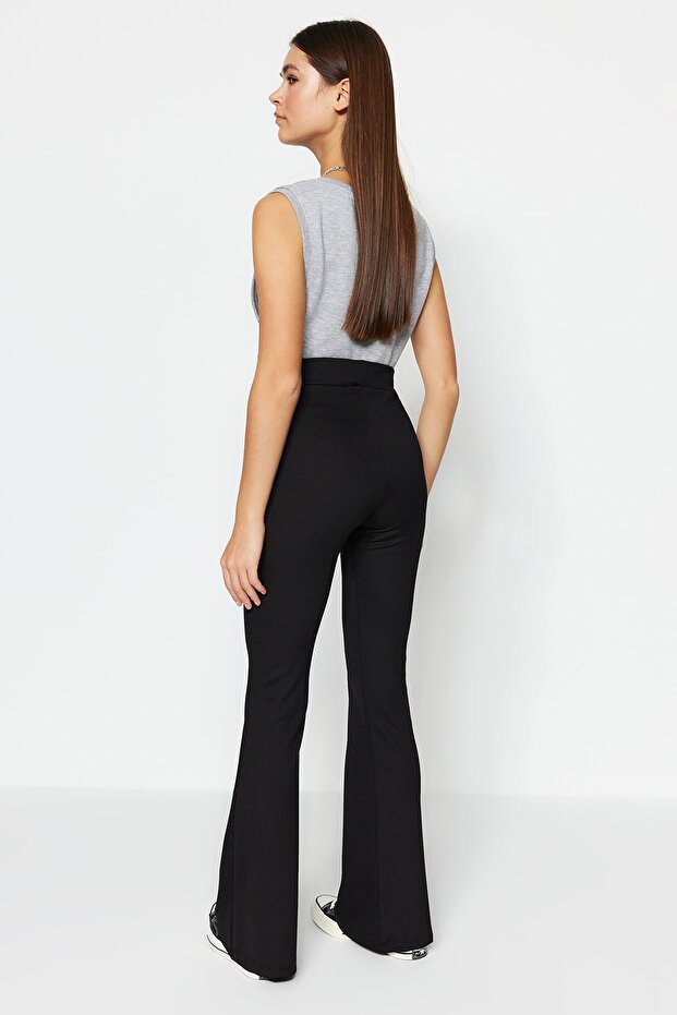 Siyah Fitilli Flare/İspanyol Paça Yüksek Bel Esnek Örme Tayt Pantolon TWOSS23PL00135 - 5