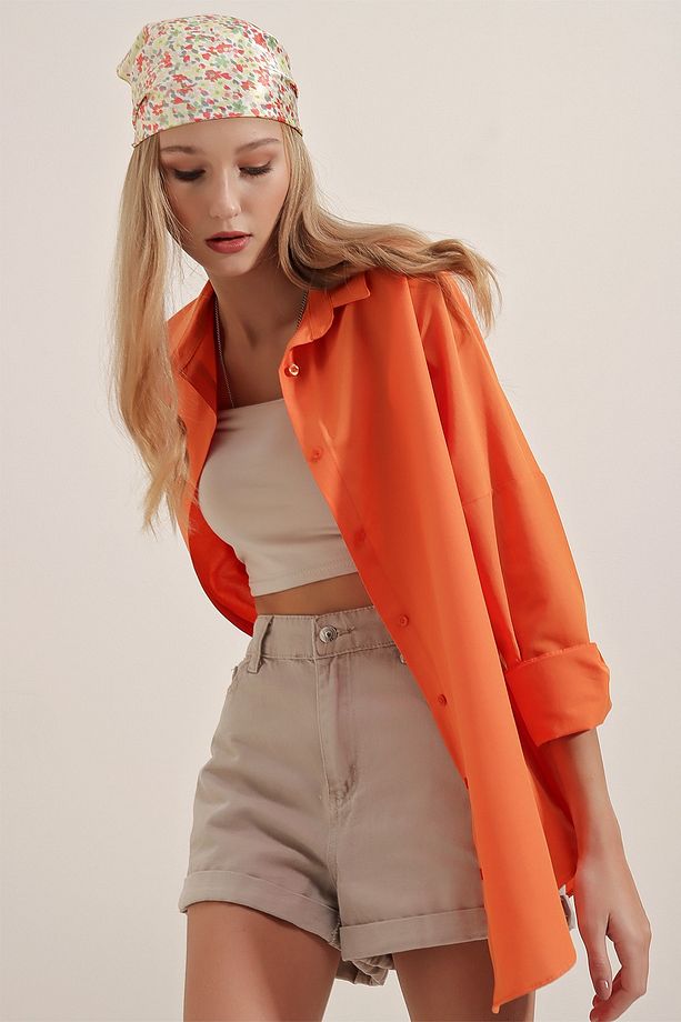 3900 Oversize Uzun Basic Gömlek - Turuncu - 6