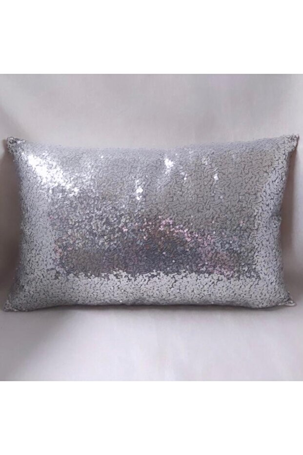 غطاء وسادة مستطيل مزين بالترتر - لون فضي - 1