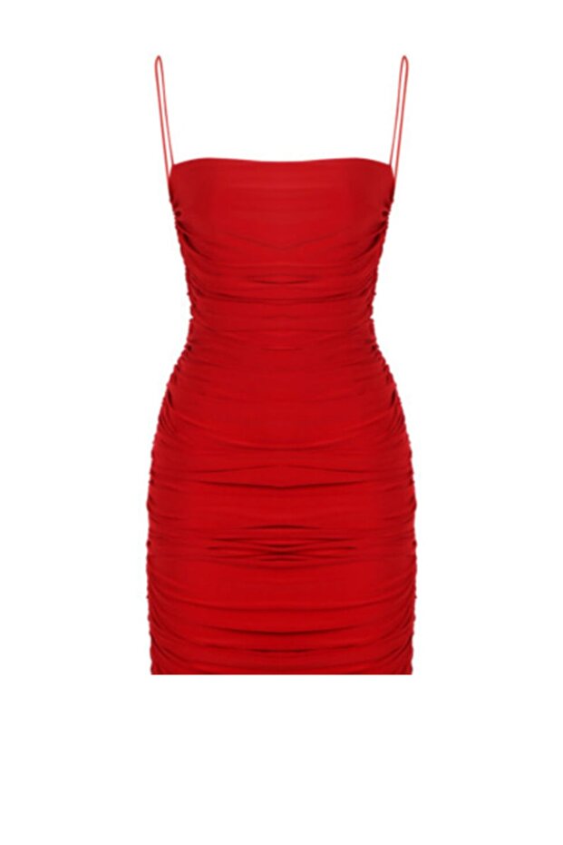 Kırmızı Drapeli Askılı Mini Elbise - 1