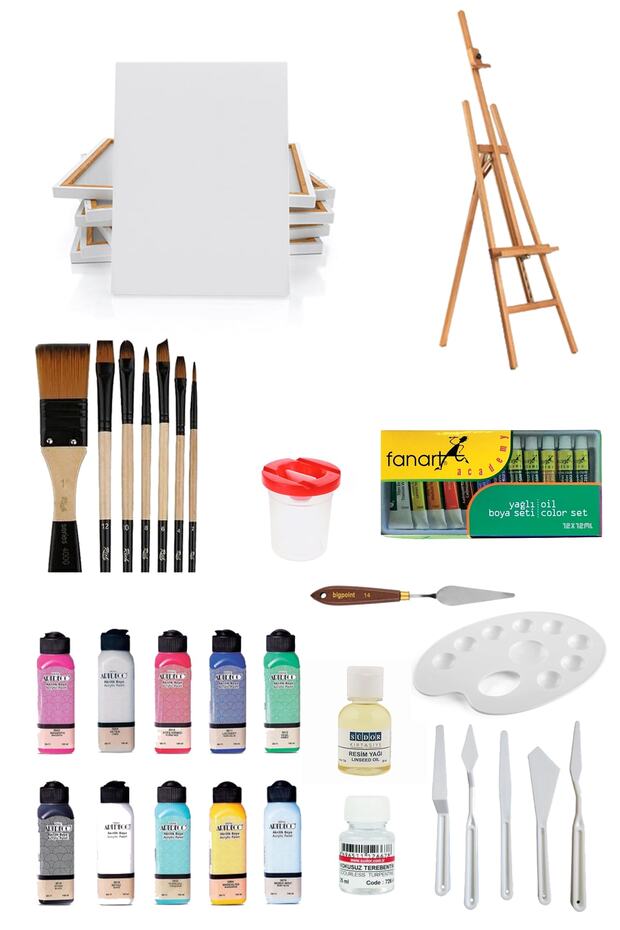 Artdeco 140 Ml Akrilik Boya Ve Fanart 12x12 Ml Yağlı Boya Seti Ve 25x35+35x50 Tuval Şövale Set - 1