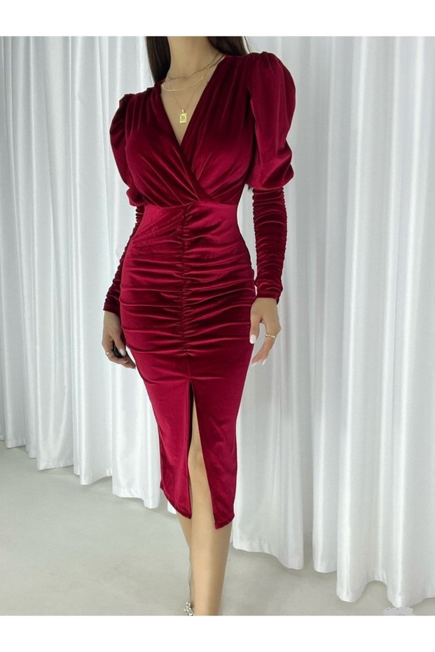 Flexible Velvet Fabric Gather Detailed Double Breasted Neckline Evening Dress & Graduation Dress 582022 721