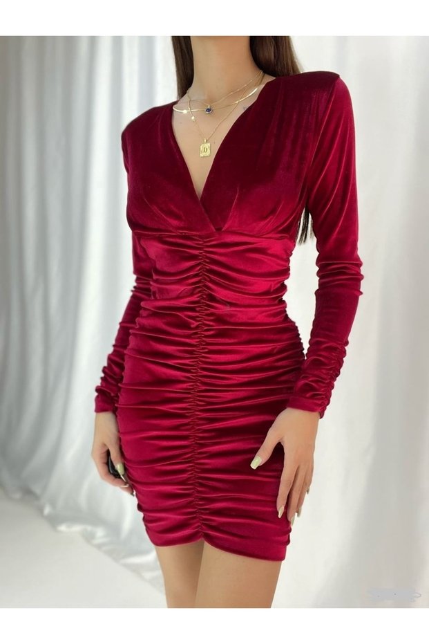 Flexible Red Velvet Fabric Gathering Detailed Evening Dress & Graduation Dress 582011 716
