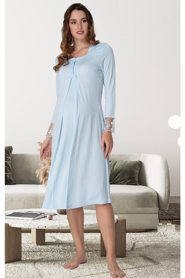 Women's Blue Pregnant Maternity Long Sleeve Nightgown Effortt
