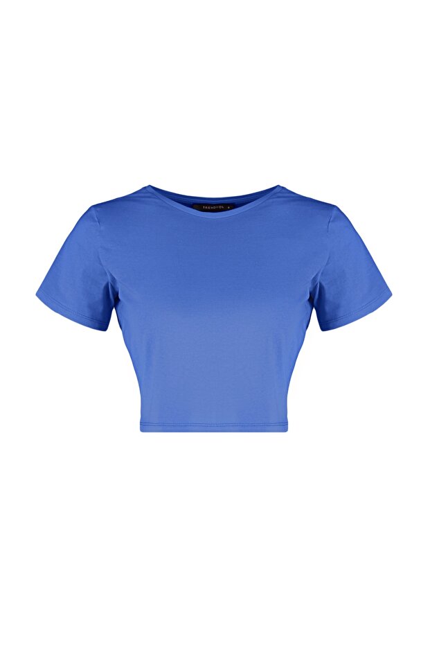 Mavi-Yeşil 2'li Paket %100 Pamuk Crop Bisiklet Yaka Örme T-Shirt TWOSS20TS1480 - 7