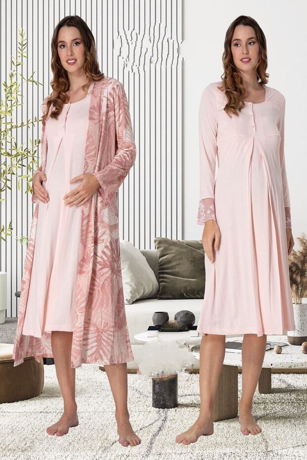 Women's Salmon Patterned Long Sleeve Cotton Maternity Maternity Dressing Gown Nightgown Set