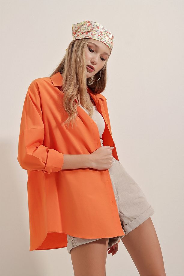 3900 Oversize Uzun Basic Gömlek - Turuncu - 4