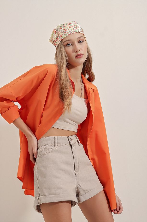 3900 Oversize Uzun Basic Gömlek - Turuncu - 5