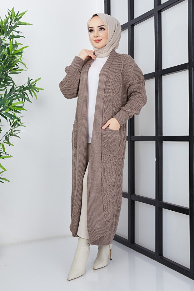 Women's Knitted Patterned Knitwear Cardigan with Pockets