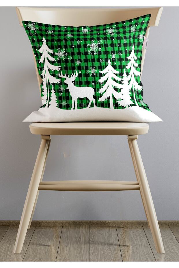 New Year's Deer Plaid Throw Pillow Cover, Green Plaid Throw Pillow Cover, Plaid Pattern Throw Pillow Cover